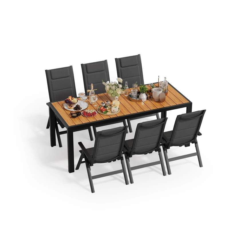JUMMICO Garden Table and Chairs, 5-Position Adjustable Aluminium Armchair with Wooden Table, Weatherproof Patio Furniture for Balcony and Garden