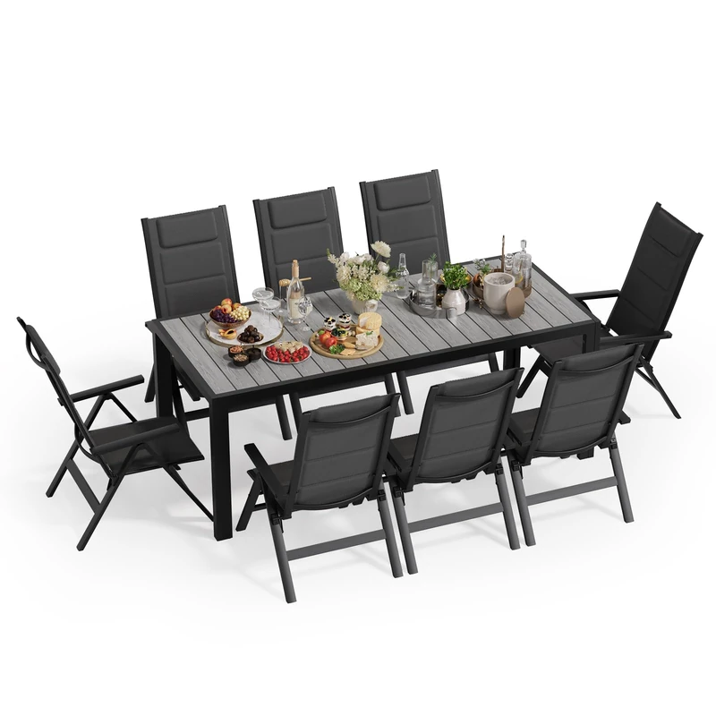 JUMMICO Garden Table and Chairs, 5-Position Adjustable Aluminium Armchair with Wooden Table, Weatherproof Patio Furniture for Balcony and Garden