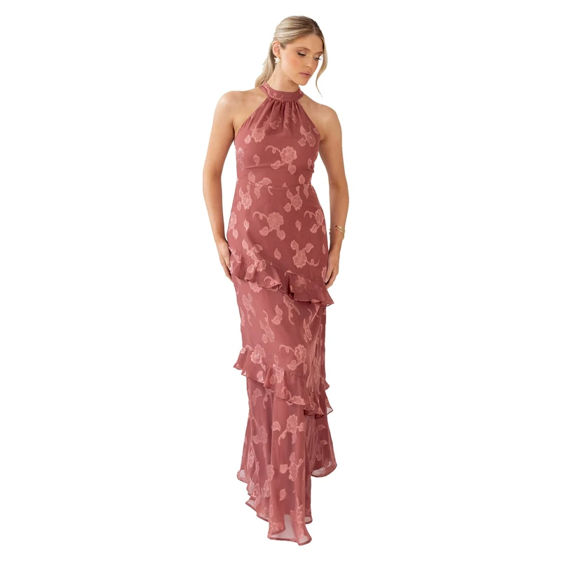 Maya Deluxe Women's Maxi Dress Ladies Halterneck Sleeveless Floral Jacquard Ruffle A-line Bridesmaid Wedding Guest Prom Evening Gown, Copper Rose 6 - Image 1