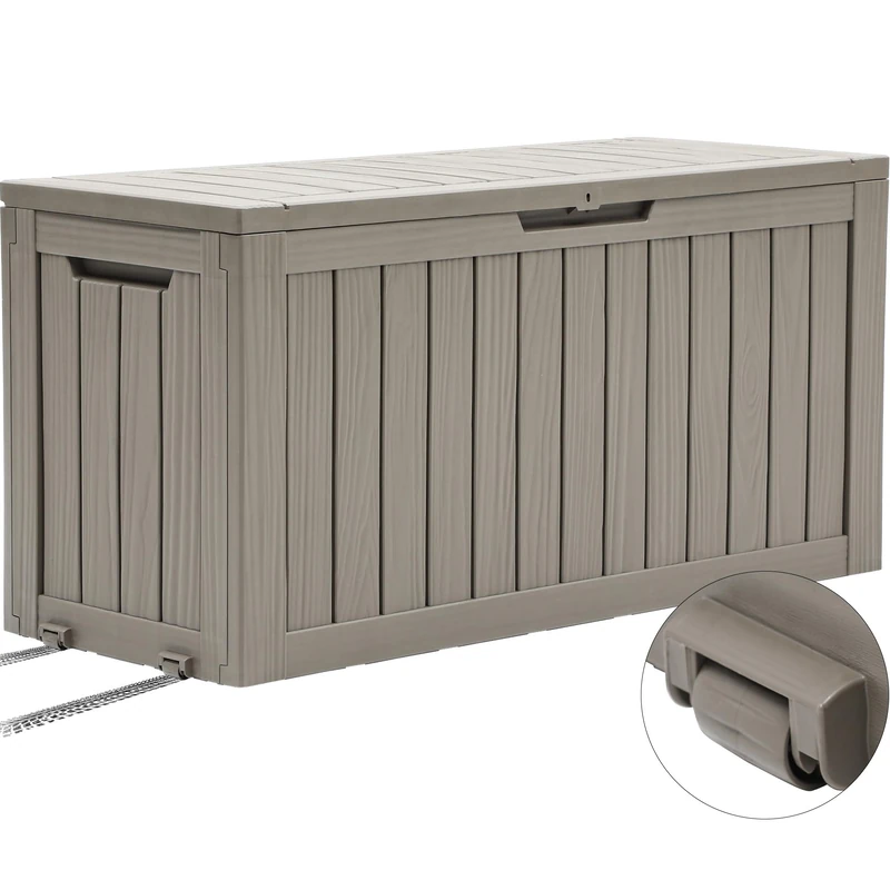 YITAHOME Outdoor Storage Box with Wheels, 270L Plastic Deck Box, Waterproof Garden Chest for Cushions, Tools & Pool Supplies, Lockable, Faux Woodgrain, 114.7 x 46.5 x 57.6 cm, Light brown