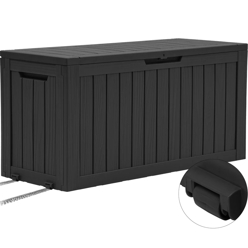 YITAHOME Outdoor Storage Box with Wheels, 270L Plastic Deck Box, Waterproof Garden Chest for Cushions, Tools & Pool Supplies, Lockable, Faux Woodgrain, 114.7 x 46.5 x 57.6 cm, Black