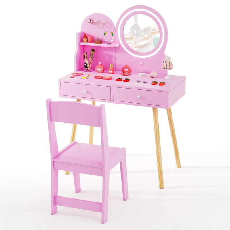 GYMAX Kids Vanity Table and Chair, Wooden Girls Dressing Tables with 2-Color LED Lighted Mirror, Drawers, Storage Shelf and Hooks, Children Makeup Desk Set for 3 Years Old+ (Pink) - Image 1