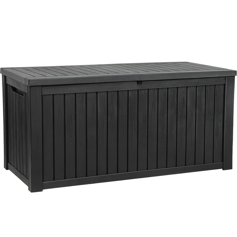 YITAHOME 680L Large Garden Storage Box with Divider, Waterproof Deck Box Doubles as Outdoor Storage Bench or Patio Table, Lockable, 154.5 x 72.1 x 74.1 cm, Faux Woodgrain, Black