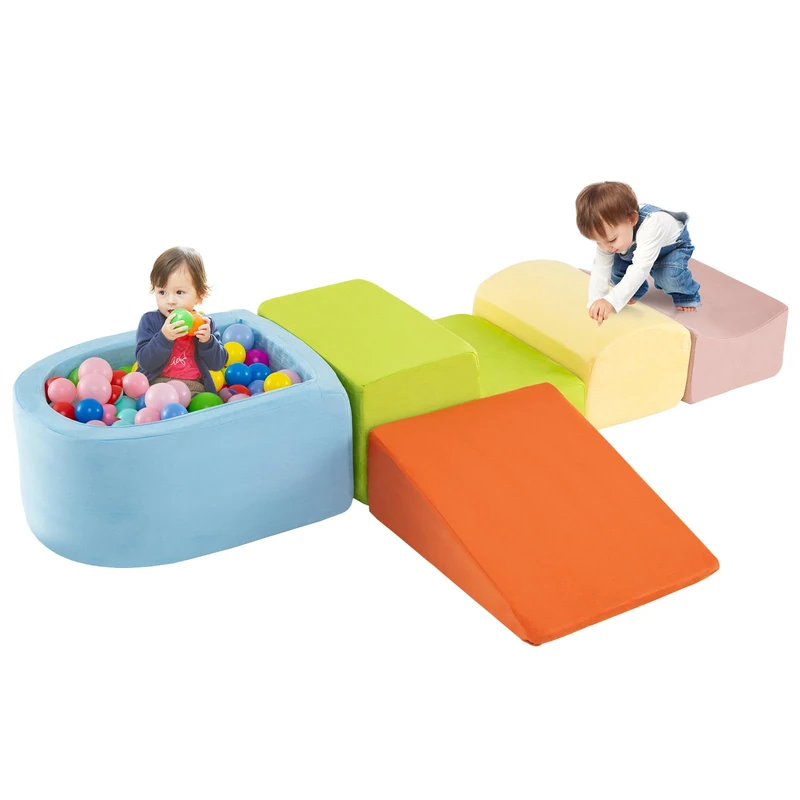 GYMAX Soft Play Equipment, 5 Pieces Kids Activity Set with Ball Pit, Baby Soft Foam Blocks Interactive Toy Foam Climbing Block Play Set for Toddlers (Colorful)