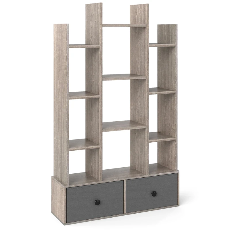 CASART Tree-Shaped Bookshelf, Wooden Bookcase with 1/2 Drawers, 7/12 Cubes & Anti-Tipping Device, Floor Standing Display Shelf for Living Room Bedroom Office (Grey, 12 Cubes + 2 Drawers) - Image 1