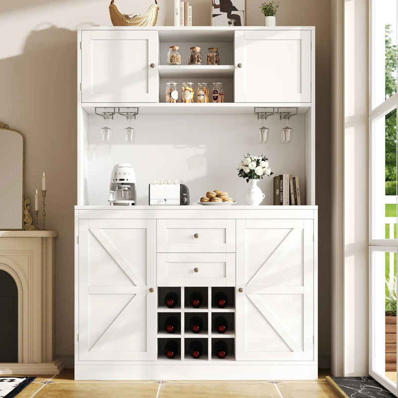 Ball & Cast Tall Kitchen Cabinet, 4 Door Kitchen Storage Cupboard,Sideboard/Buffet Cabinet for Kitchen,Dining Room & Living Room,with 2 Drawers,Adjustable Shelves & Wine Rack,120x40x188cm,White