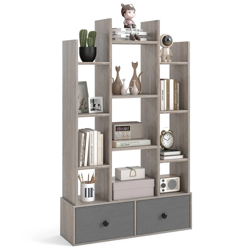 SFAREST Tree-Shaped Bookshelf, 7/12 Tier Floor Standing Wooden Bookcase with Foldable Drawers, Storage Display Book Rack Shelving Unit for Living Room Study Office (Grey,12 Cubes+2 Drawers)