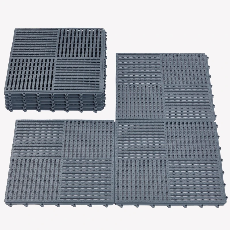 9 Pack 12"x12" Interlocking Floor Tiles, 0.4" Thick Dark Gray Non-Slip Mats with Drainage Holes for Pool Deck, Shower, Bathroom, Garage, Boat | for Wet Areas