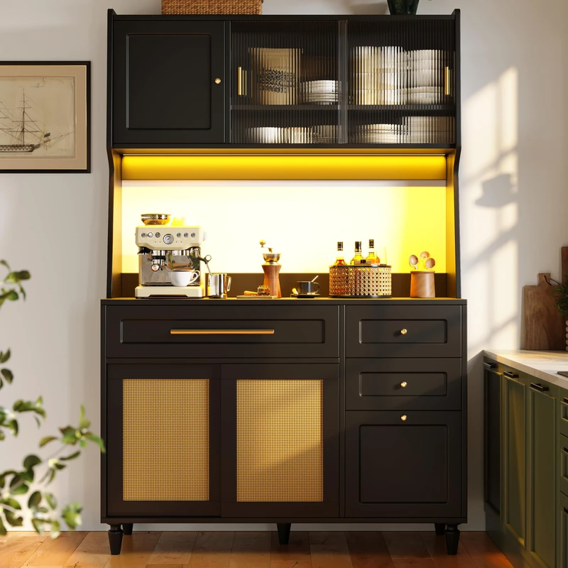 Ball & Cast Tall Kitchen Cabinet Black Sideboard Buffet Cabinet 115×40×180 cm,PE Rattan Sliding Door, 3 Drawers, Adjustable Shelves & LED Lighting, Display Storage Cabinet