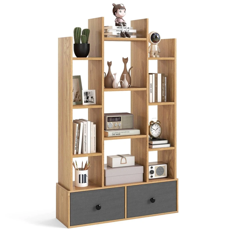 SFAREST Tree-Shaped Bookshelf, 7/12 Tier Floor Standing Wooden Bookcase with Foldable Drawers, Storage Display Book Rack Shelving Unit for Living Room Study Office (Natural,12 Cubes+2 Drawers) - Image 1