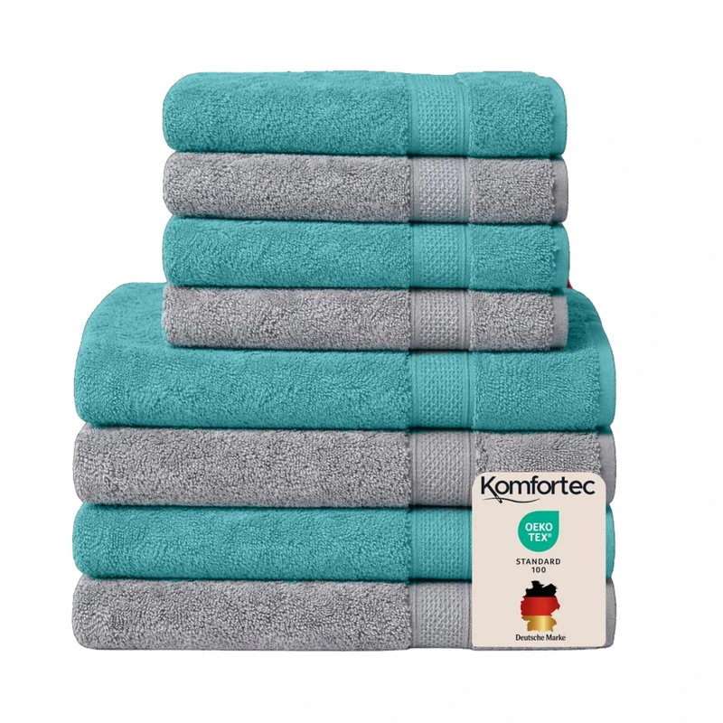 Komfortec Hand Towels Set, 4 Bath Towels 70 x 140 cm and 4 Hand Towels 50 x 100 cm, 100% Cotton Terry Towelling, Fluffy and Absorbent, Anthracite Grey/Aqua - Image 1
