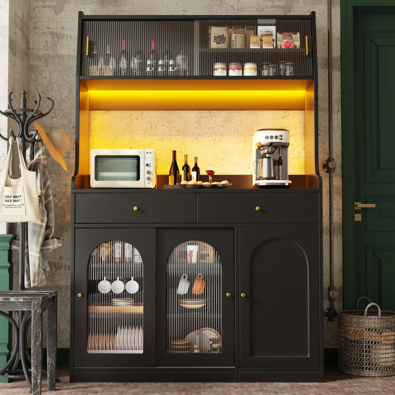 Ball & Cast Tall Kitchen Cabinet Black Sideboard & Buffet Cabinet 120×40×180 cm, Glass Sliding Doors, 2 Drawers, Adjustable Shelves & LED Lighting, Modern Display Storage Cabinet