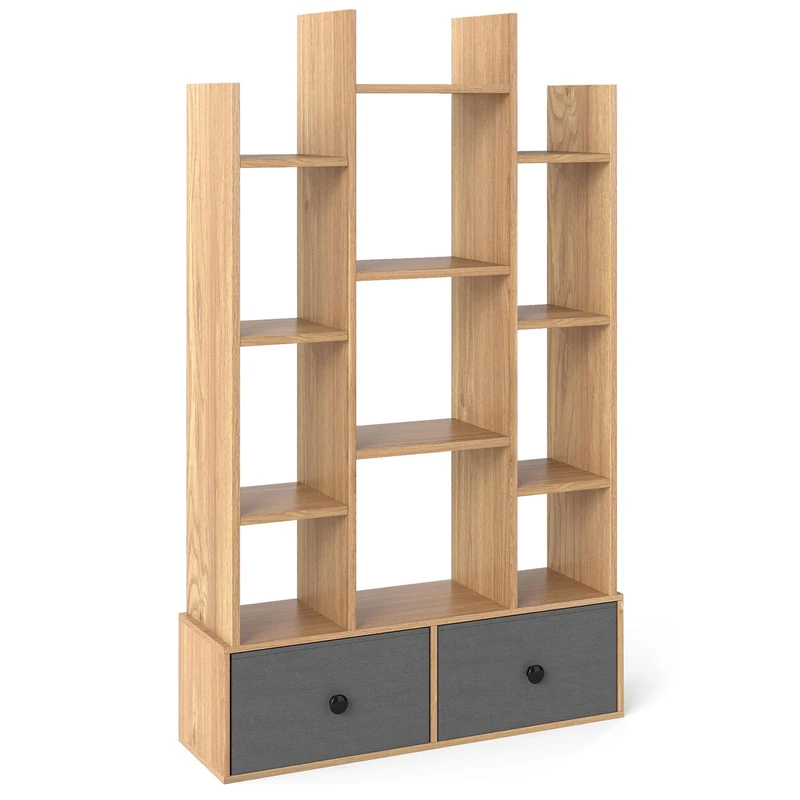 CASART Tree-Shaped Bookshelf, Wooden Bookcase with 1/2 Drawers, 7/12 Cubes & Anti-Tipping Device, Floor Standing Display Shelf for Living Room Bedroom Office (Natural, 12 Cubes + 2 Drawers) - Image 1