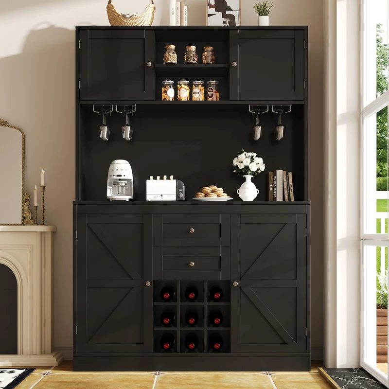 Ball & Cast Tall Kitchen Cabinet, 4 Door Kitchen Storage Cupboard,Sideboard/Buffet Cabinet for Kitchen,Dining Room & Living Room,with 2 Drawers,Adjustable Shelves & Wine Rack,120x40x188cm,Black