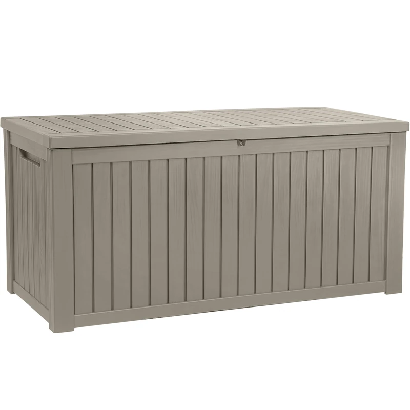 YITAHOME 680L Large Garden Storage Box with Divider, Waterproof Deck Box Doubles as Outdoor Storage Bench or Patio Table, Lockable, 154.5 x 72.1 x 74.1 cm, Faux Woodgrain, Light brown - Image 1