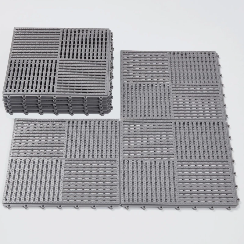 9 Pack 12"x12" Interlocking Floor Tiles, 0.4" Thick Gray Non-Slip Mats with Drainage Holes for Pool Deck, Shower, Bathroom, Garage, Boat | for Wet Areas