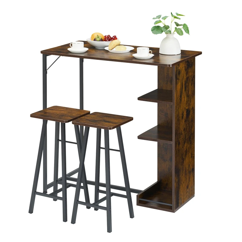 Garvee 3 Piece Bar Dining Set - High Table with Metal Frame and 3 Storage Shelves - Compact Design Ideal for Apartments, Living Room or Kitchen - Classic Style - Image 1