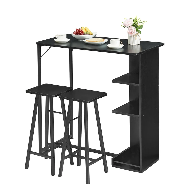 Garvee 3 Piece Bar Dining Set - High Table with Metal Frame and 3 Storage Shelves - Compact Design Ideal for Apartments, Living Room or Kitchen - Classic Style - Image 1