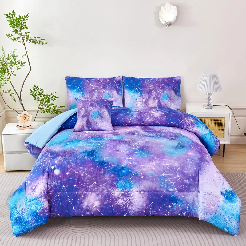 PERFEMET Full Size Comforter Sets for Girls, Galaxy Constellation Purple Bedding Set with Sheets, 6 Pieces Girls Bed in A Bag 3D Colorful Gradient Glitter Comforter Soft and Lightweight for All Season
