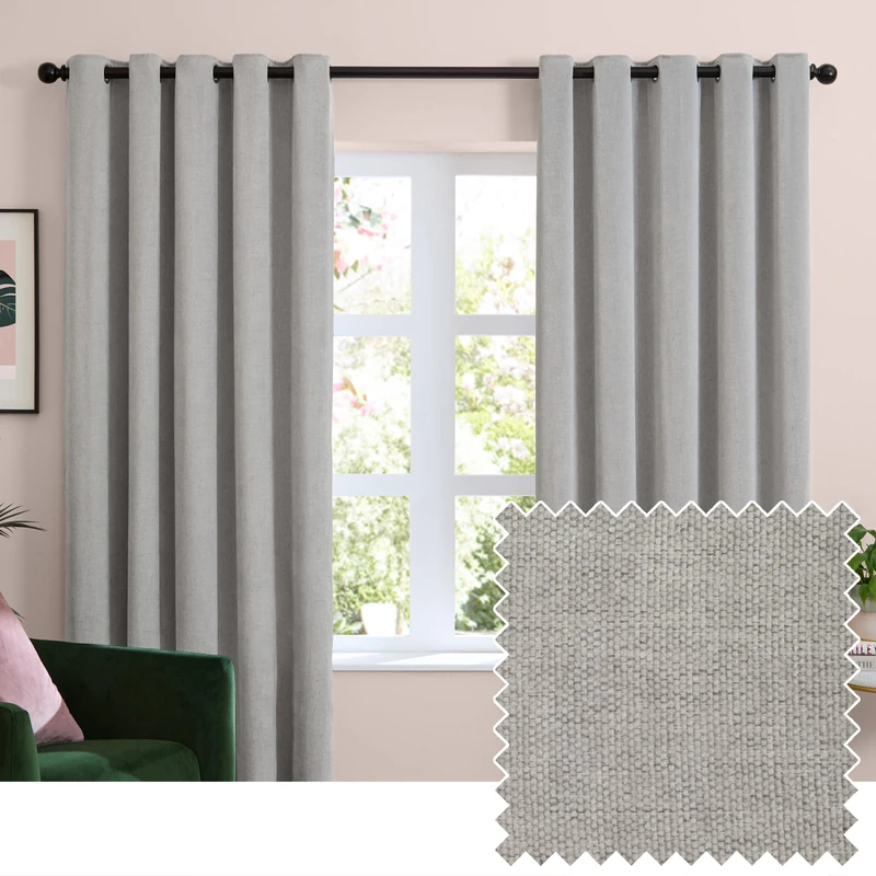furn. Soft Chenille Blackout Eyelet Curtain Pair – Soft Touch Matt Textured Lined Minimalist Curtains (Silver - 229x229cm)
