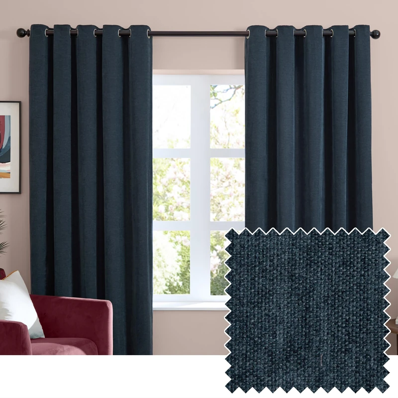 furn. Soft Chenille Blackout Eyelet Curtain Pair – Soft Touch Matt Textured Lined Minimalist Curtains (Navy - 168x183cm)