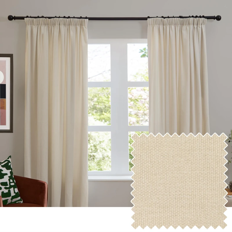 furn. Soft Chenille Blackout Pencil Pleat Curtain Pair – Soft Touch Matt Textured Lined Minimalist Curtains (Ecru - 229x183cm)