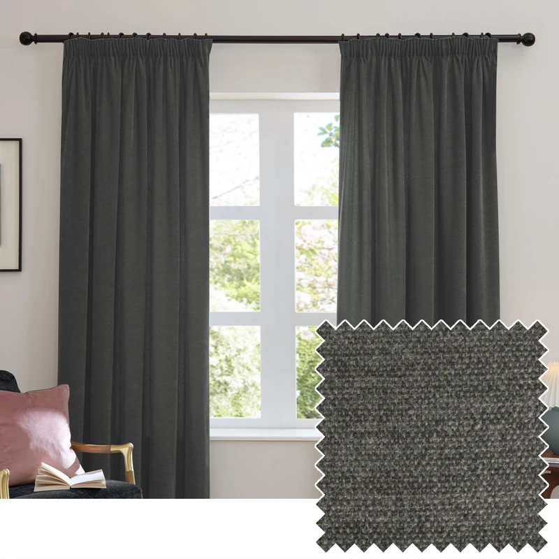 furn. Soft Chenille Blackout Pencil Pleat Curtain Pair – Soft Touch Matt Textured Lined Minimalist Curtains (Charcoal - 229x183cm)