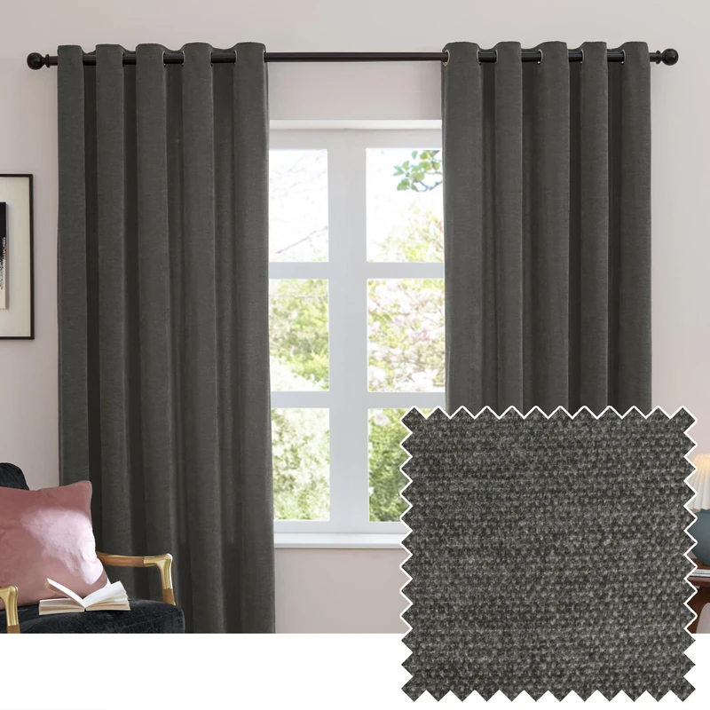 furn. Soft Chenille Blackout Eyelet Curtain Pair – Soft Touch Matt Textured Lined Minimalist Curtains (Charcoal - 168x183cm)