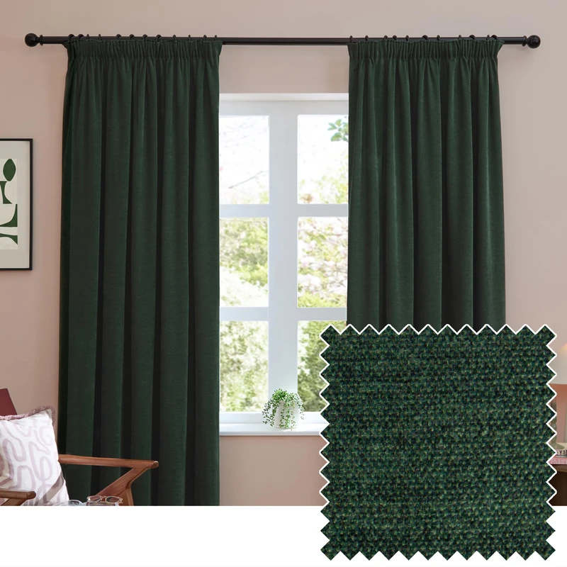 furn. Soft Chenille Blackout Pencil Pleat Curtain Pair – Soft Touch Matt Textured Lined Minimalist Curtains (Bottle - 229x137cm)