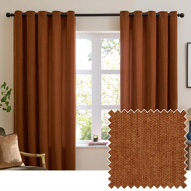 furn. Soft Chenille Blackout Eyelet Curtain Pair – Soft Touch Matt Textured Lined Minimalist Curtains (Rust - 168x183cm)