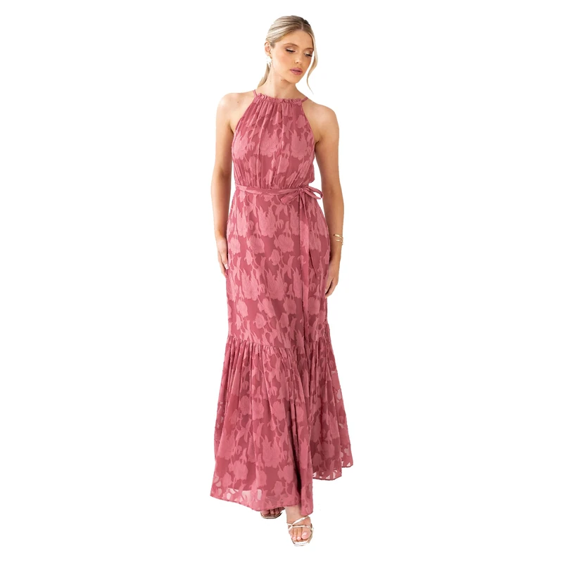 Anaya with Love Women's Maxi Dress Ladies Recycled Halterneck Sleeveless Floral Burnout Frilled Trim Tiered Skirt A-line Wedding Guest, Garnet Rose 18