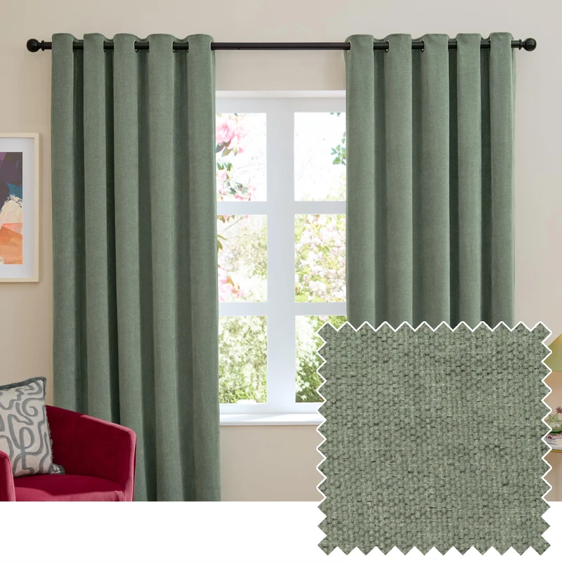 furn. Soft Chenille Blackout Eyelet Curtain Pair – Soft Touch Matt Textured Lined Minimalist Curtains (Green - 229x229cm)