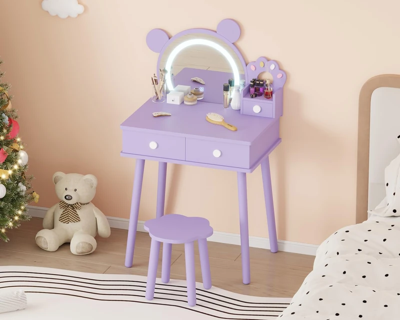 GarveeLife Children's Girls' Dressing Table with Mirror and LED Light 3 Colours with 2 Drawers, for Children 3-8 Years, 55 x 38 x 101 cm - Image 1