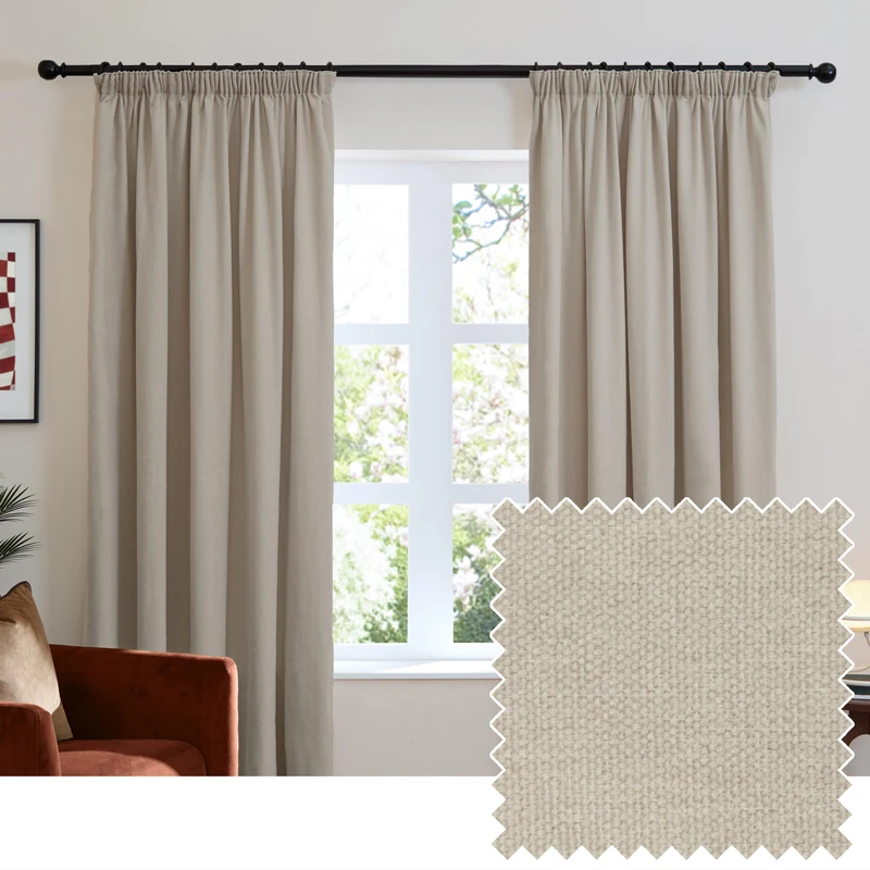 furn. Soft Chenille Blackout Pencil Pleat Curtain Pair – Soft Touch Matt Textured Lined Minimalist Curtains (Natural - 117x137cm)