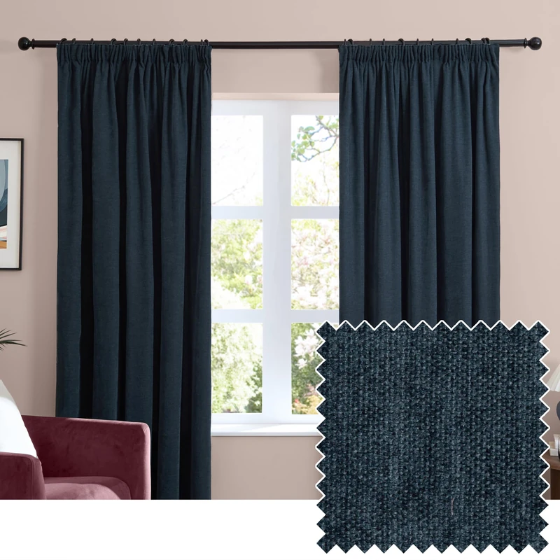 furn. Soft Chenille Blackout Pencil Pleat Curtain Pair – Soft Touch Matt Textured Lined Minimalist Curtains (Navy - 229x229cm)