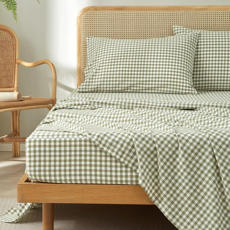 HighBuy Gingham Queen Sheet Set,100% Washed Cotton Linen Feel Sage Green Plaid Printed Sheet Sets Lightweight Soft Grid Bed Sheets with 16" Deep Pocket,4 Piece Farmhouse Bedroom Decor Sheets