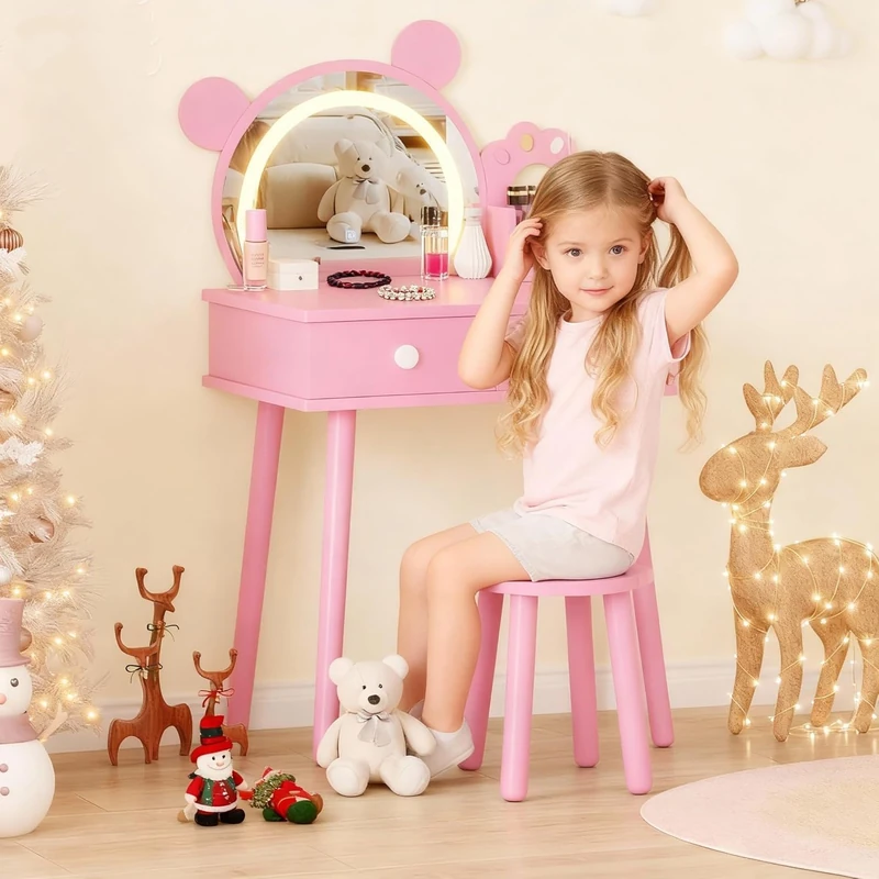 GarveeLife Children's Girls' Dressing Table with Mirror and LED Light 3 Colours with 2 Drawers, for Children 3-8 Years, 55 x 38 x 101 cm