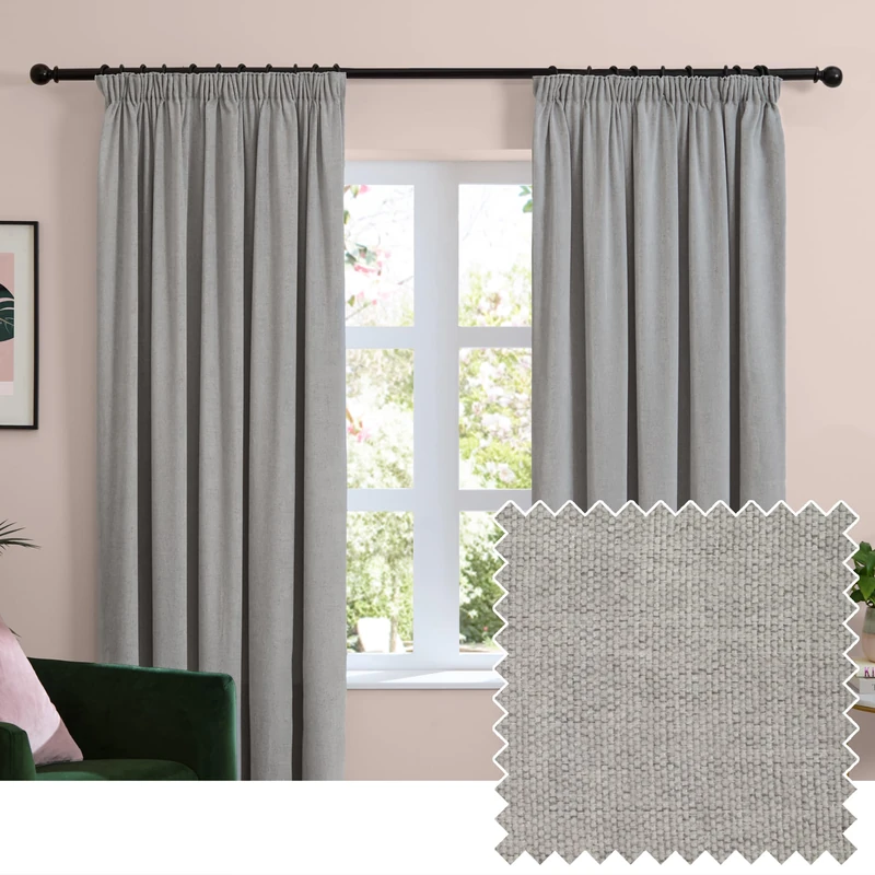 furn. Soft Chenille Blackout Pencil Pleat Curtain Pair – Soft Touch Matt Textured Lined Minimalist Curtains (Silver - 229x183cm)