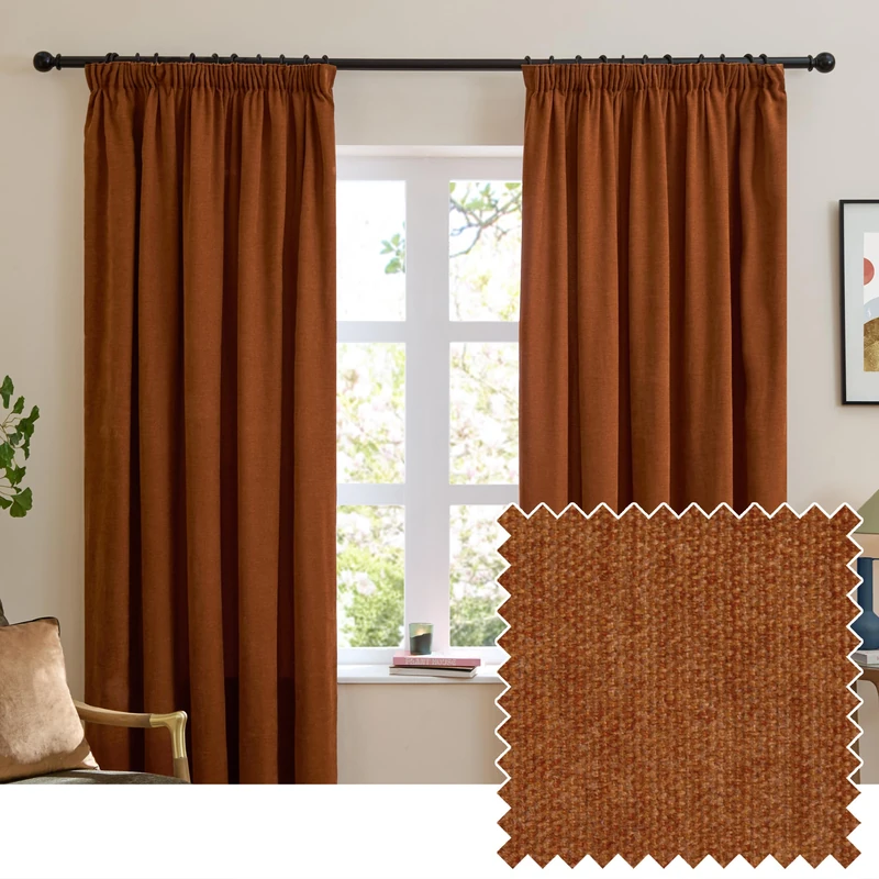 furn. Soft Chenille Blackout Pencil Pleat Curtain Pair – Soft Touch Matt Textured Lined Minimalist Curtains (Rust - 117x183cm)