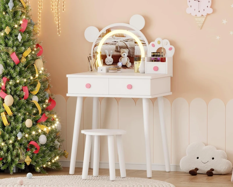 GarveeLife Children's Girls' Dressing Table with Mirror and LED Light 3 Colours with 2 Drawers, for Children 3-8 Years, 55 x 38 x 101 cm