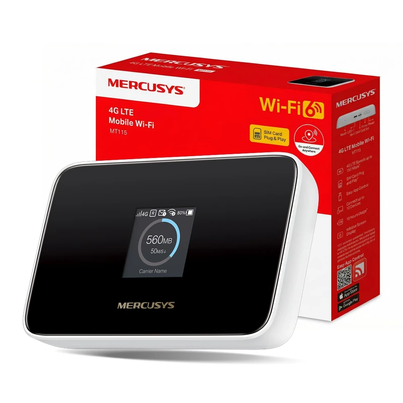 MERCUSYS MT115 4G LTE Mobile Portable WiFi Router, AX300 WiFi 6, TP-Link 4G Router With Sim Slot, Mesh Extender Add-On, Portable Travel MiFi, Up to 10 Devices, 2400mAh Battery, App Control