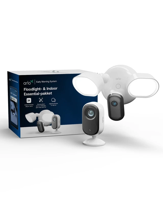 Arlo 2K Essential 3 Indoor & Floodlight Wired Security Cameras, 2K HDR Video Resolution, Motion Detection, Colour Night Vision, Two Way Audio, Arlo Secure Trial Included, 2 Cameras, White