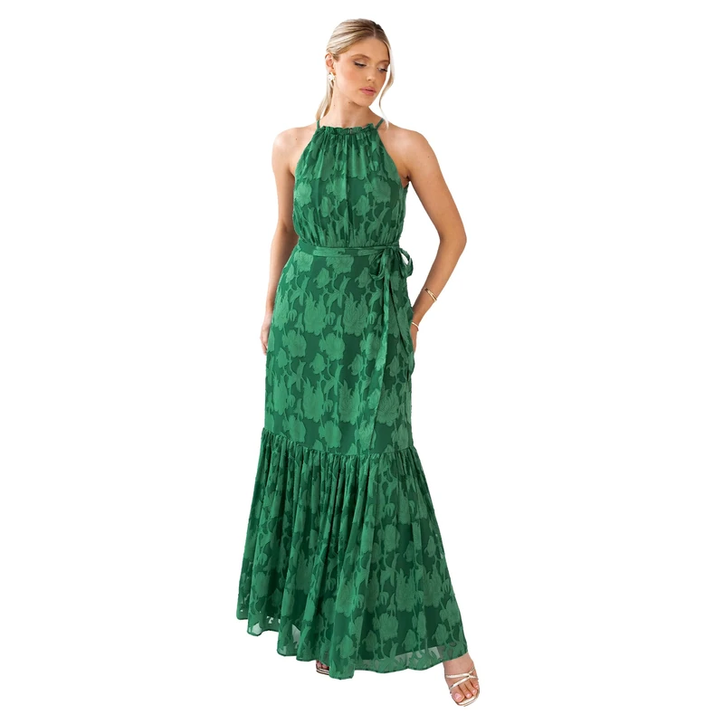 Anaya with Love Women's Maxi Dress Ladies Recycled Halterneck Sleeveless Floral Burnout Frilled Trim Tiered Skirt A-line Wedding Guest, Alpine Green 22