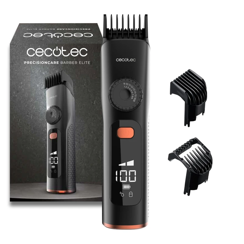 Cecotec PrecisionCare Barber Elite Hair Trimmer, Stainless Steel Blades, Adjustment Wheel, 120 Min Battery, IPX6, Cable & Battery, Display with Oil Reminder, 2 Adjustment Combs 1-16 mm, Quick Charge - Image 1