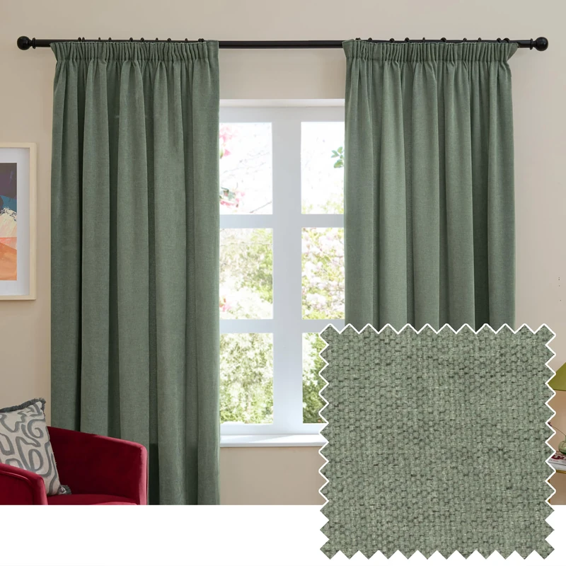 furn. Soft Chenille Blackout Pencil Pleat Curtain Pair – Soft Touch Matt Textured Lined Minimalist Curtains (Green - 117x183cm)