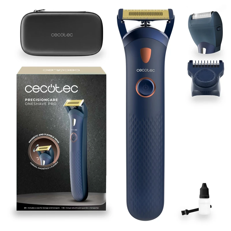 Cecotec Beard Trimmer PrecisionCare OneShave Pro Titanium Blades Flex Head with Magnetic System LED Light IPX7 Adjustable Comb 0.5-8mm + Foil Head Rubber Handle Case for Precise Trimming and Shaving