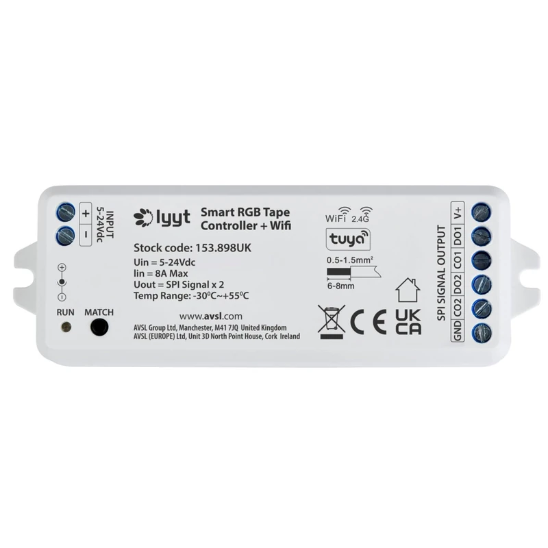 Lyyt | Smart RGB Pixel LED Tape Controller | Wireless Remote & WiFi Tuya App Control for Addressable LED Strip Lights with Multiple Modes, Scene Memory and Brightness Adjustment