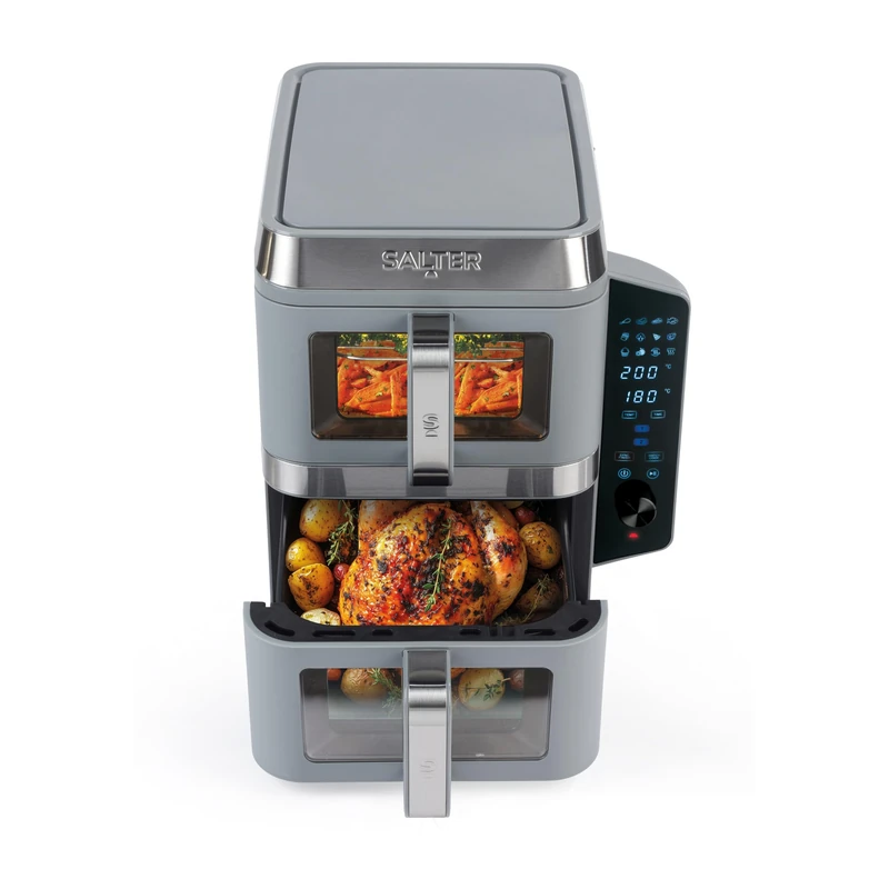 Salter VersaLayer Air Fryer – 12 Cooking Presets, 9L Cap., 2400W, Easy-Viewing Windows, Sync & Match, Digital LED Display, 60 min Timer, Dishwasher-Safe Accessories, Non-Stick Trays, PFAS-Free, Grey
