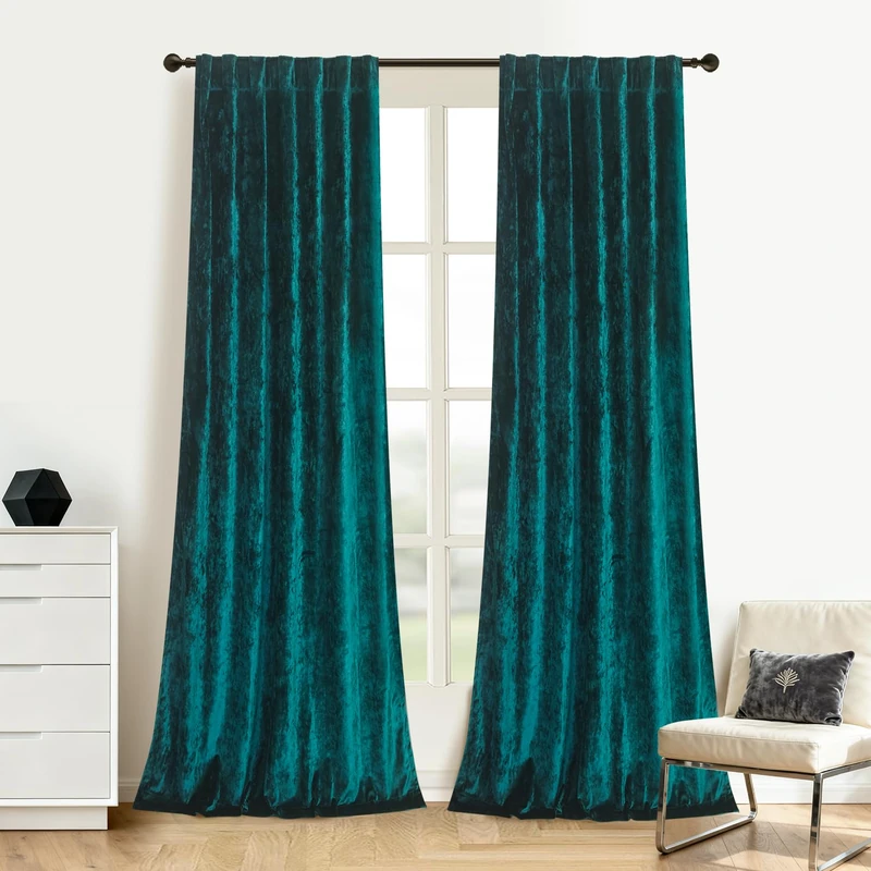 Roslynwood Crushed Luxury Velvet Peacock Curtains for Bedroom 96 inches Long Thermal Insulated Window Drapes Back Tab for Living Room/Dining Room, W52 x L96, 2 Panels