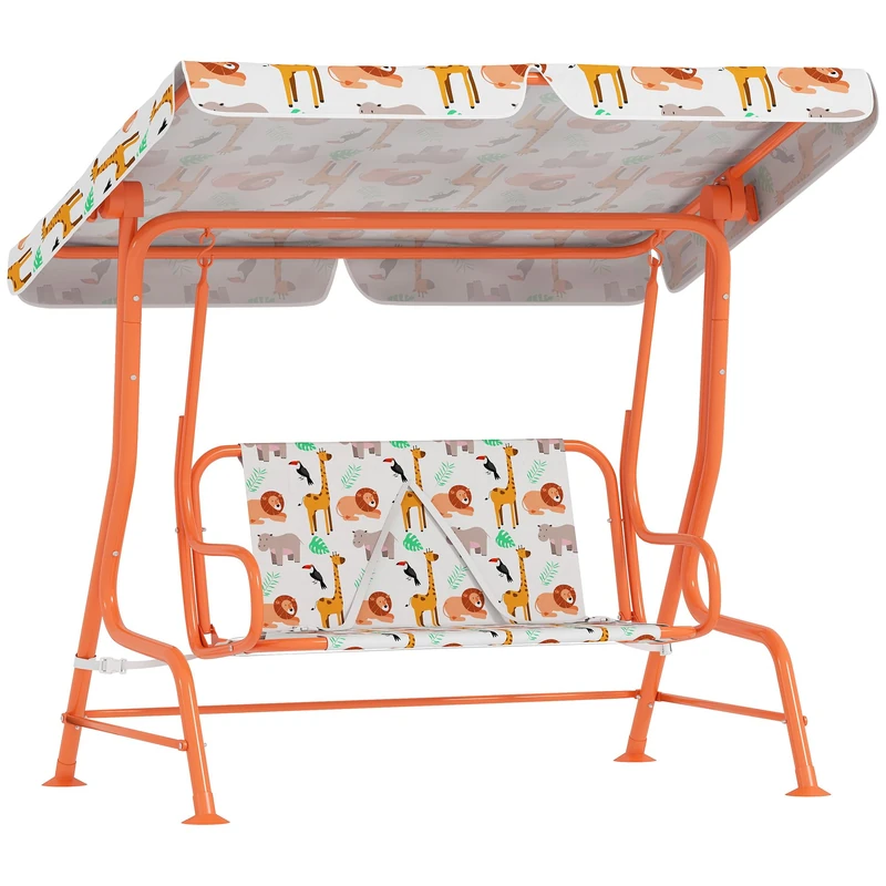 AIYAPLAY Kids Swing Chair, 2-Seater Patio Swing Bench with Adjustable Canopy, Seat Belts, Indoor Outdoor for Garden, Patio, Playroom, Orange